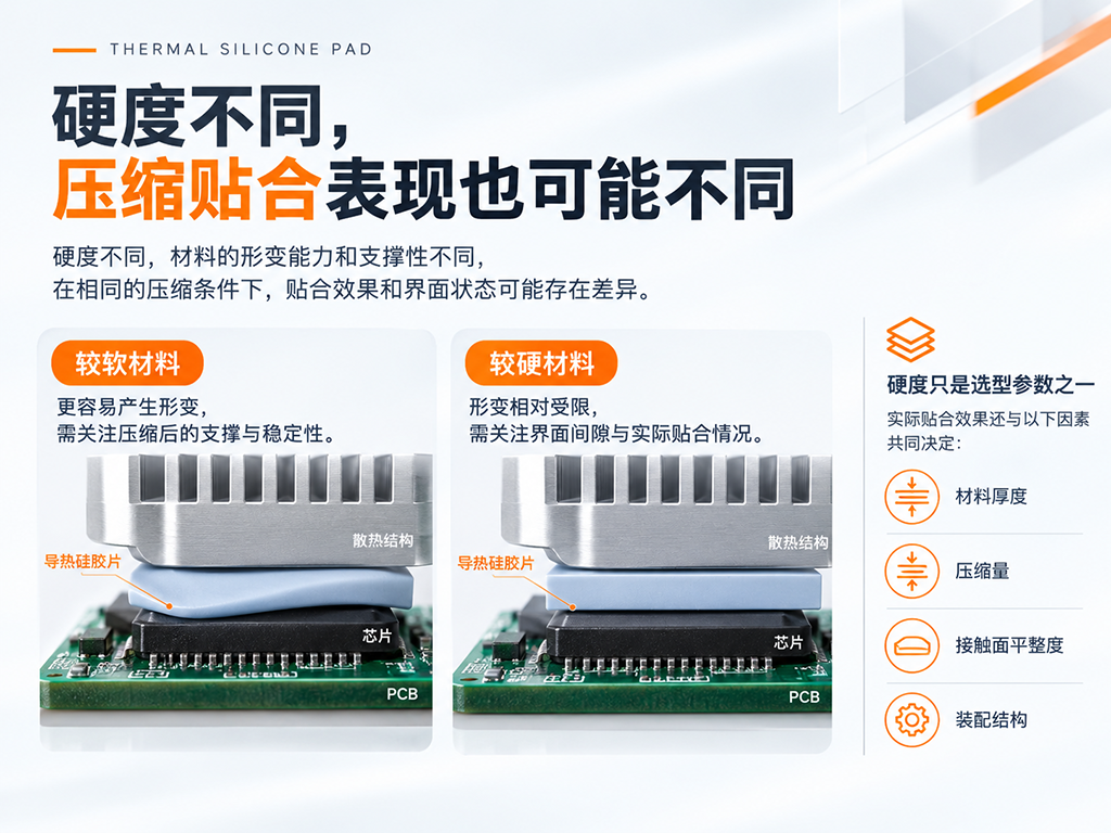 不同硬度导热硅胶片的压缩贴合示意图 不同硬度导热硅胶片的压缩贴合示意图