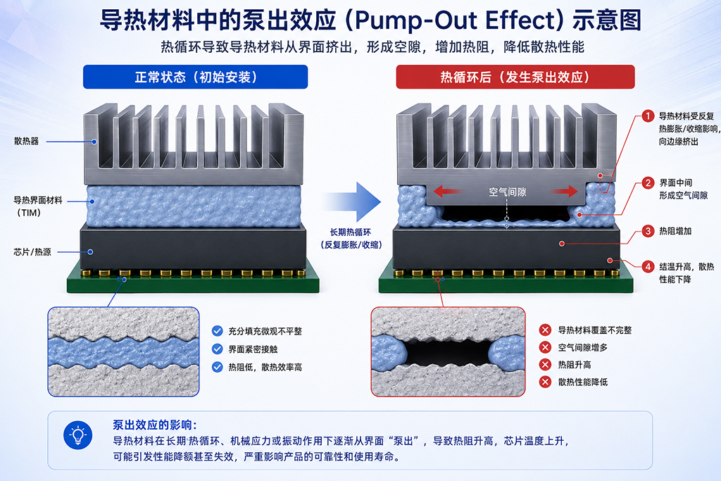 导热界面材料TIM的泵出效应示意图