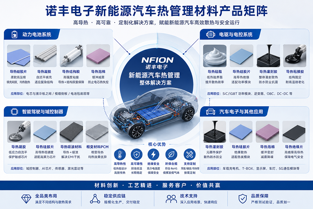 诺丰电子新能源汽车热管理材料产品矩阵
