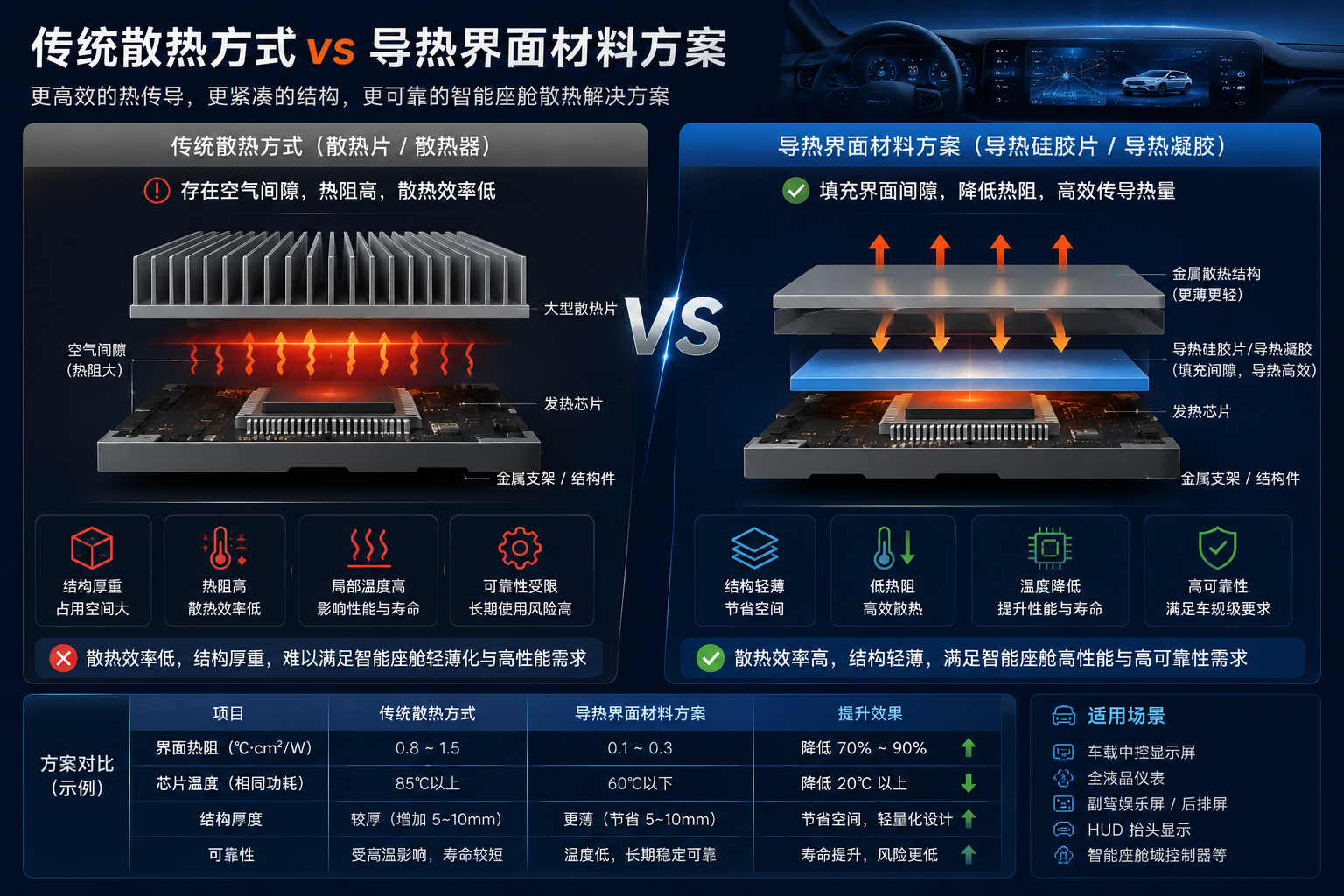 传统散热方式与导热方案对比图