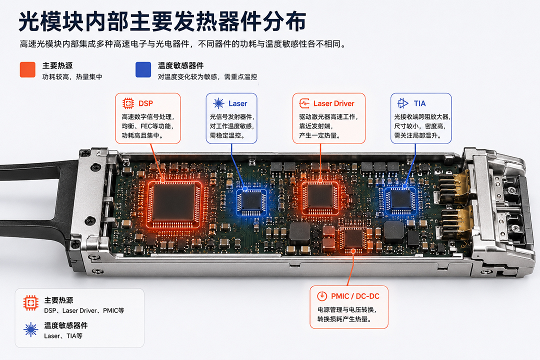 光模块内部DSP激光器Driver TIA等主要发热器件分布示意图 光模块内部DSP激光器Driver TIA等主要发热器件分布示意图