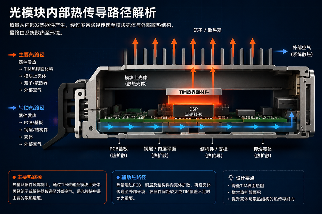 光模块DSP经TIM模块壳体至外部散热结构热传导路径示意图 光模块DSP经TIM模块壳体至外部散热结构热传导路径示意图