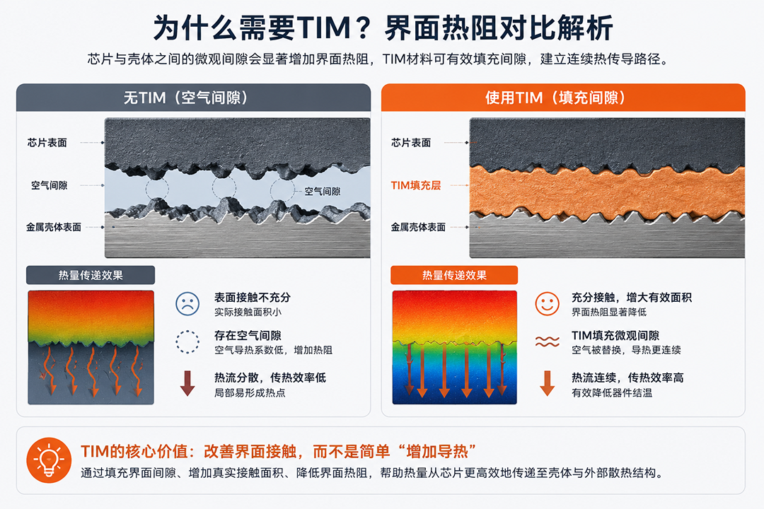 光模块芯片与壳体有TIM和无TIM界面热传导对比示意图 光模块芯片与壳体有TIM和无TIM界面热传导对比示意图