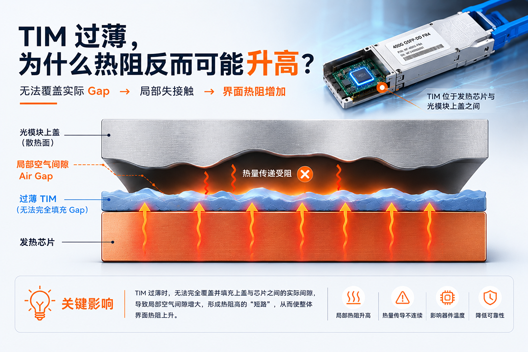 光模块TIM合理BLT与过薄产生空气间隙对比图 光模块TIM合理BLT与过薄产生空气间隙对比图