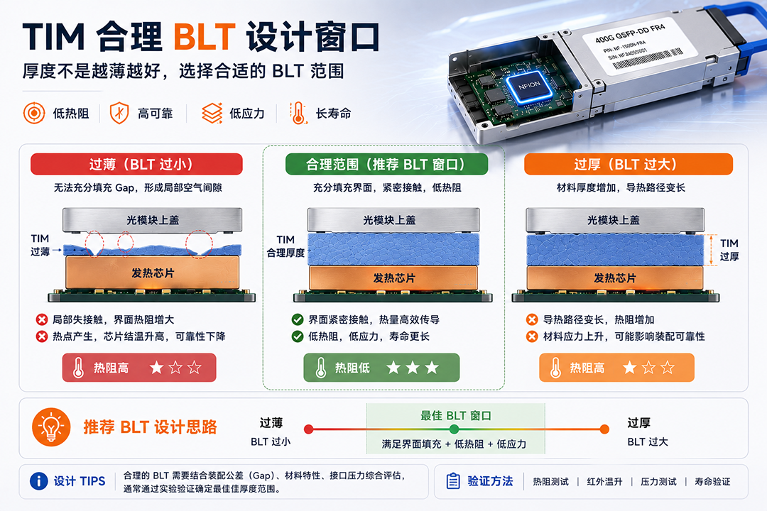 光模块TIM厚度与装配公差合理BLT设计窗口示意图 光模块TIM厚度与装配公差合理BLT设计窗口示意图