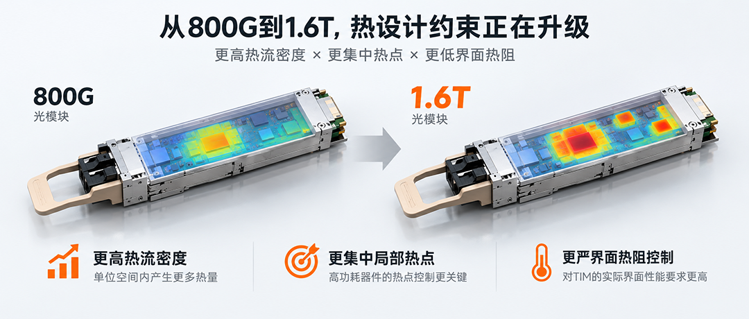 800G到1.6T光模块热流密度局部热点与界面热阻变化示意 800G到1.6T光模块热流密度局部热点与界面热阻变化示意