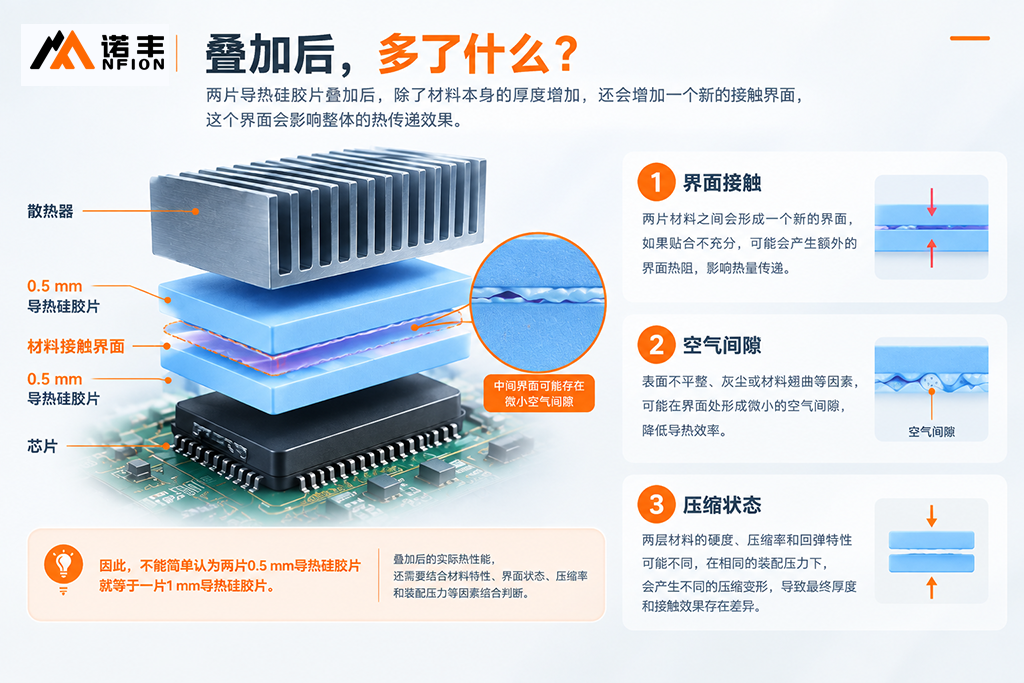 导热硅胶片叠加后的界面与压缩影响示意