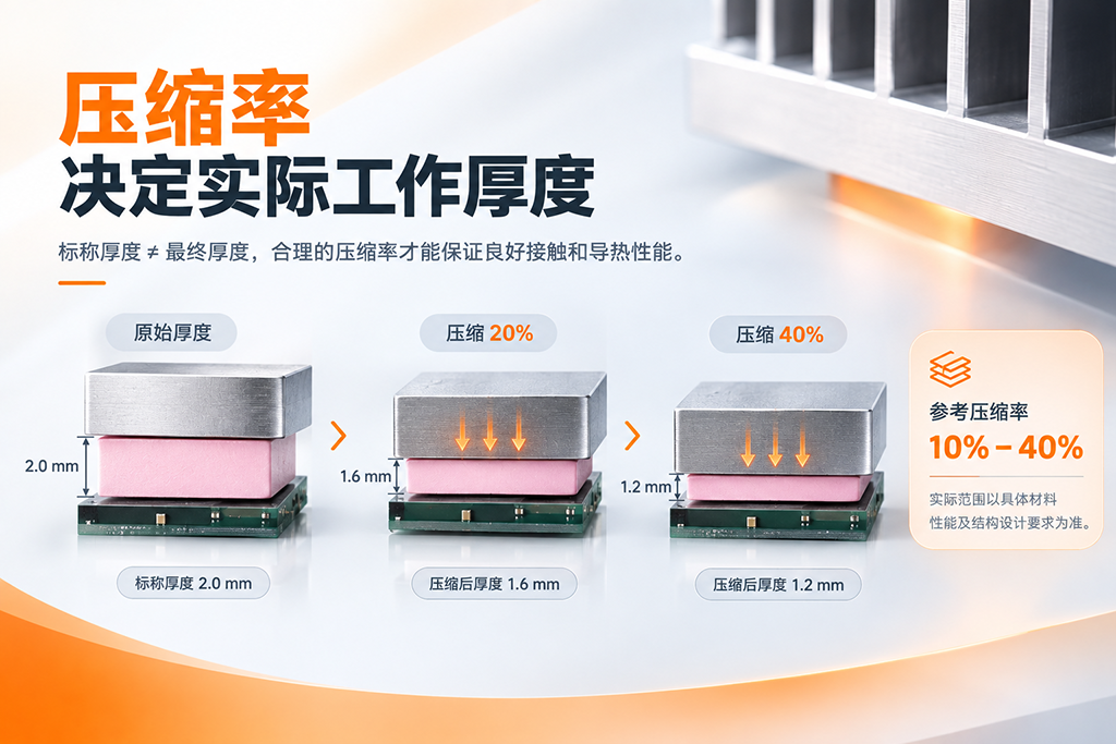导热硅胶片压缩率示意图,展示材料原始厚度、压缩后的工作厚度及10%–40%的参考压缩率 导热硅胶片压缩率示意图,展示材料原始厚度、压缩后的工作厚度及10%–40%的参考压缩率
