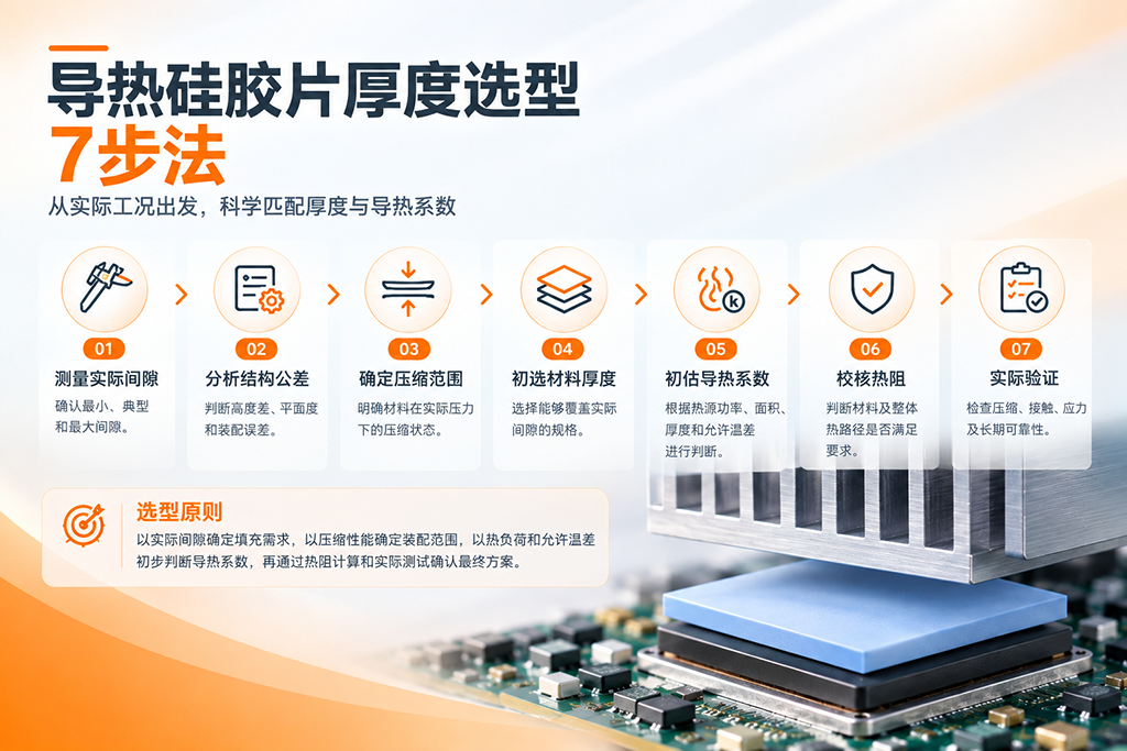 导热硅胶片厚度选型流程,包括测量实际间隙、分析结构公差、确定压缩范围、初选材料厚度、估算导热系数、校核热阻和实际验证 导热硅胶片厚度选型流程,包括测量实际间隙、分析结构公差、确定压缩范围、初选材料厚度、估算导热系数、校核热阻和实际验证