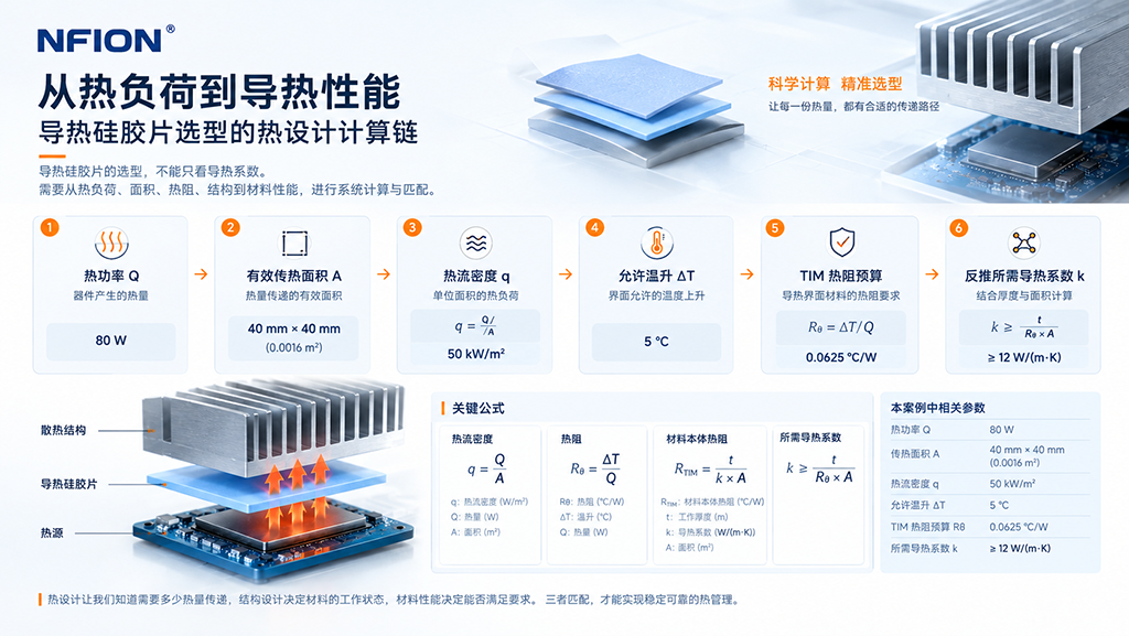 导热硅胶片选型中热流密度、热阻与导热系数反算关系示意图