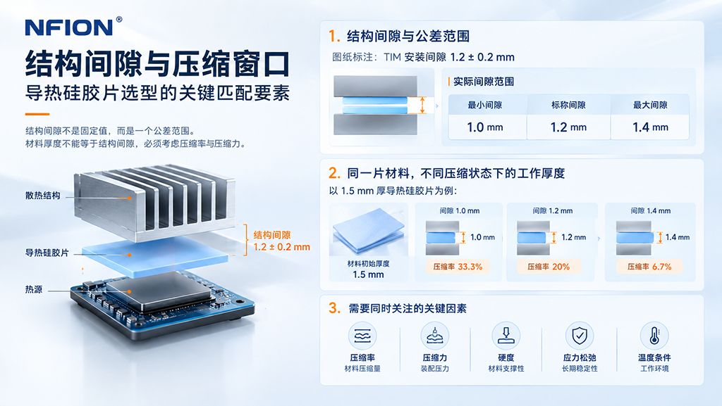 导热硅胶片结构间隙、公差、工作厚度与压缩率关系示意图