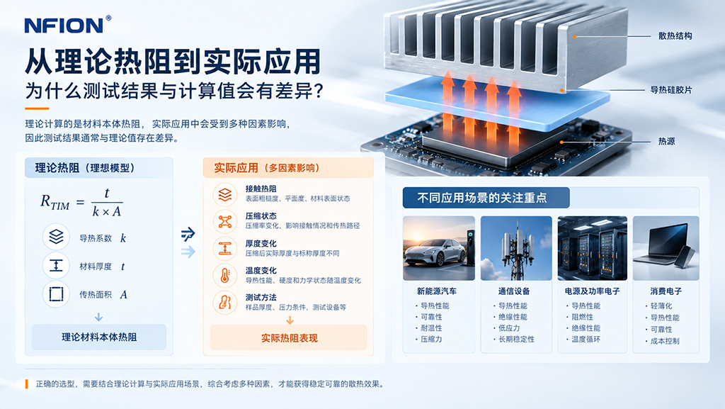 导热硅胶片实际热阻与导热系数、接触热阻及应用工况关系示意图
