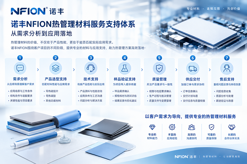 诺丰NFION热管理材料服务支持体系,从需求分析、产品选型到技术支持、样品验证、质量管理与供应交付 诺丰NFION热管理材料服务支持体系,从需求分析、产品选型到技术支持、样品验证、质量管理与供应交付