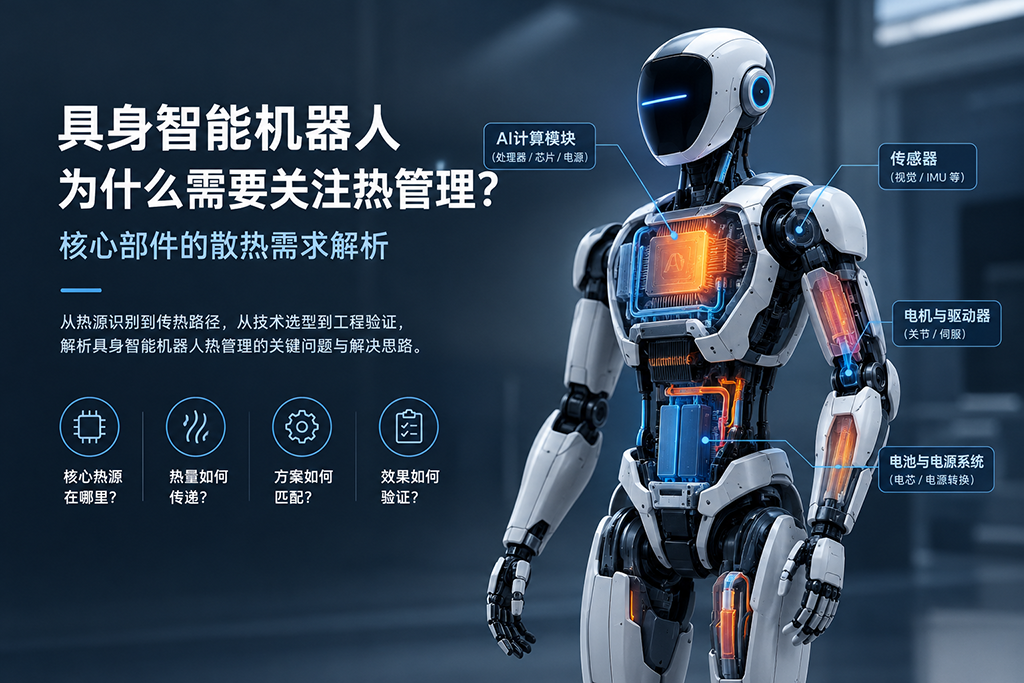 具身智能机器人热管理示意图,展示机器人核心部件发热区域与热管理需求 具身智能机器人热管理示意图,展示机器人核心部件发热区域与热管理需求
