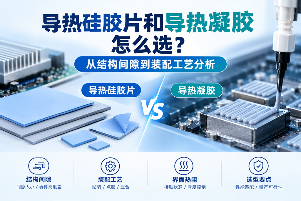导热硅胶片与导热凝胶选型对比,展示导热硅胶片贴装与导热凝胶点胶工艺,解析结构间隙和装配工艺对导热界面材料选择的影响。 导热硅胶片与导热凝胶选型对比,展示导热硅胶片贴装与导热凝胶点胶工艺,解析结构间隙和装配工艺对导热界面材料选择的影响。