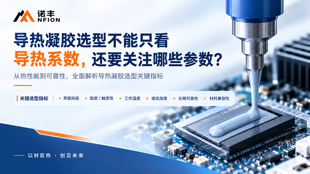 诺丰NFION导热凝胶选型技术封面,展示自动点胶场景及界面热阻、黏度与触变性、工作温度、填充厚度、长期可靠性和材料兼容性等关键选型指标。 诺丰NFION导热凝胶选型技术封面,展示自动点胶场景及界面热阻、黏度与触变性、工作温度、填充厚度、长期可靠性和材料兼容性等关键选型指标。