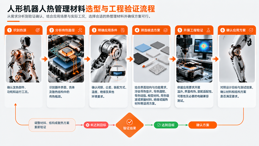 人形机器人热管理材料选型与工程验证流程图,展示热源识别、传热路径分析、候选方案筛选、工程测试及方案确认 人形机器人热管理材料选型与工程验证流程图,展示热源识别、传热路径分析、候选方案筛选、工程测试及方案确认