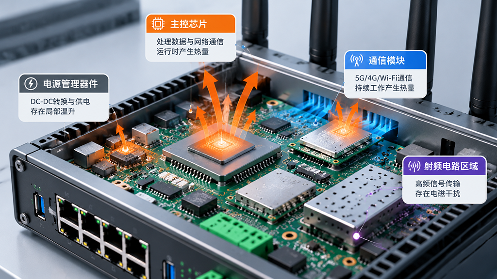 工业路由器主控芯片、通信模块、电源管理器件及射频电路区域的热管理需求示意图