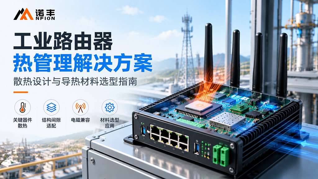 工业路由器热管理解决方案，展示关键器件散热设计、导热硅胶片、导热凝胶及导热吸波材料的应用