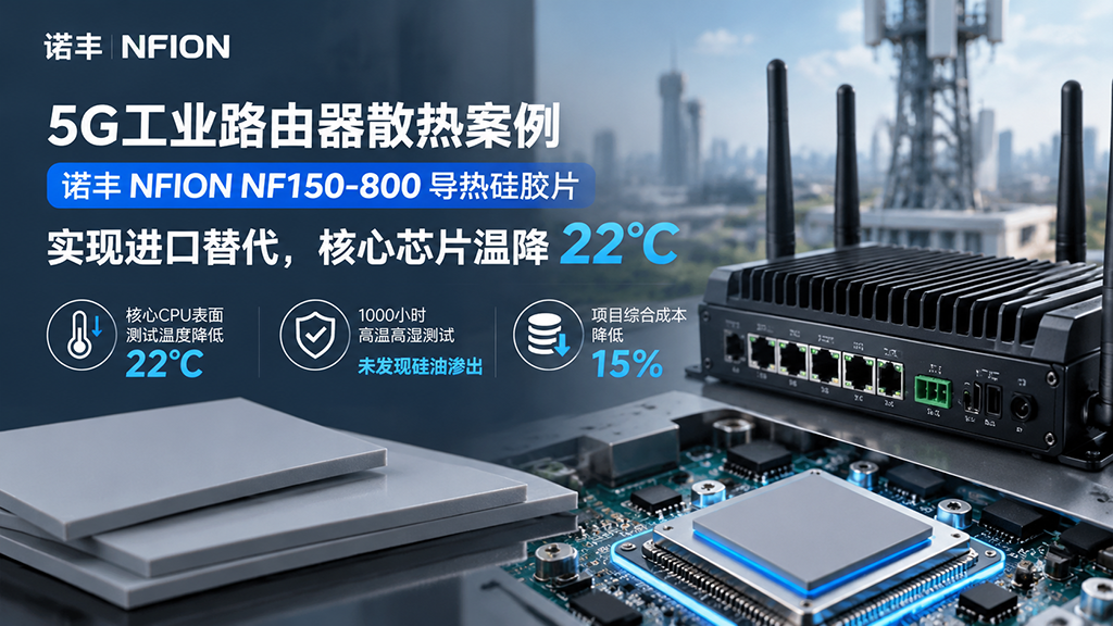 诺丰NFION NF150-800导热硅胶片应用于5G工业路由器散热，通过国产材料替代改善芯片温度表现并优化项目成本